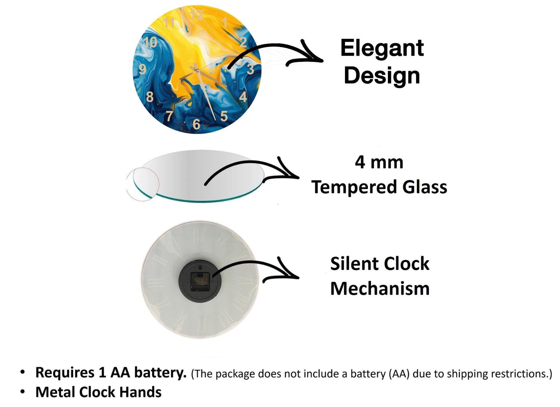three different clock designs, each with its own unique features and specifications. The first clock is a 4 mm Tempered Glass clock, which requires a 1 AA battery for operation. The second clock is a Silent Clock Mechanism, which does not require a battery. The third clock is a Metal Clock Hands, which does not include a battery (AA) due to shipping restrictions.