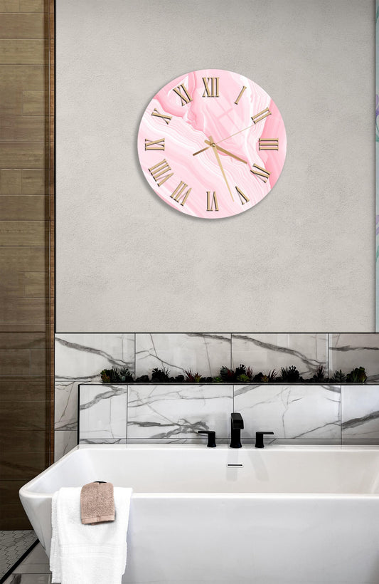 Pink Marble Wall Clock – Tempered Glass, Modern Round Decorative Clock, Pink