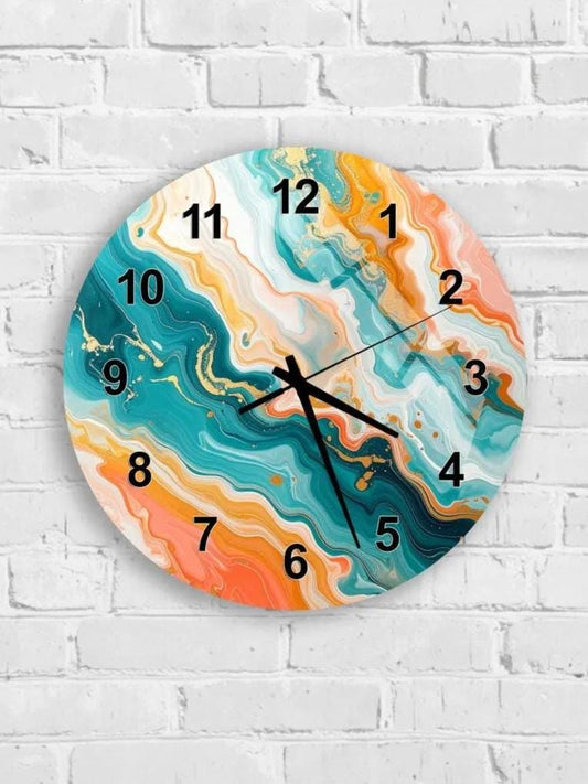 A wall clock with a colorful abstract design featuring swirling patterns in shades of blue, orange, and green.