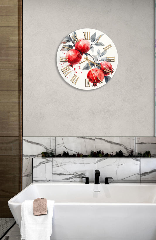 Tempered Glass Wall Clock – Red Pomegranate Watercolor, Modern Kitchen Decor