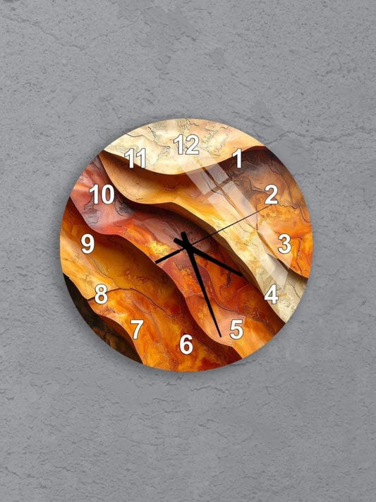 six circular wall clocks with unique designs, each displaying a different time.
