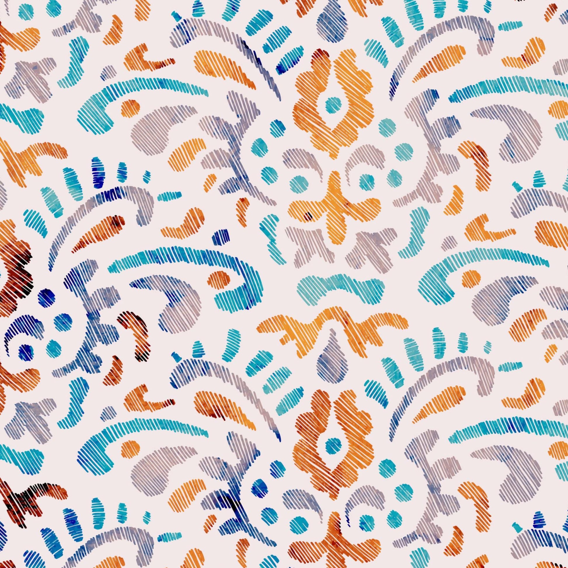 a vibrant and intricate pattern of colorful, abstract brushstrokes and shapes in shades of blue, orange, and gray. The pattern appears to be a repeating design, with the colors and shapes blending and overlapping to create a visually striking and dynamic composition.