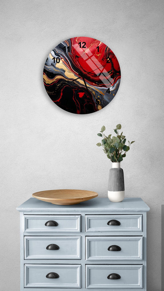 a blue dresser with a vase of flowers on top of it