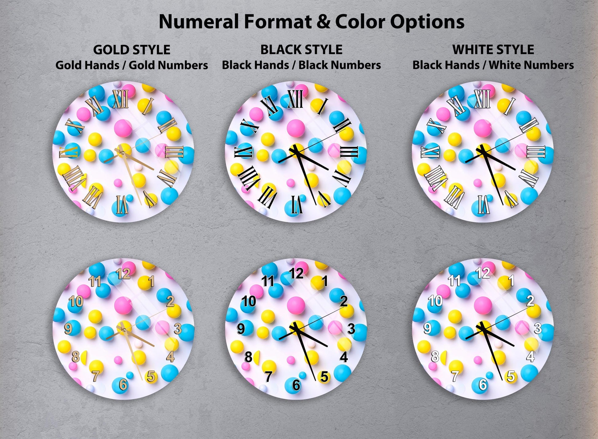a collection of six clock faces with different color schemes and styles, including gold, black, white, and black and white.