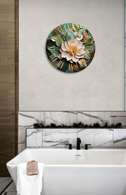 Tempered Glass Wall Clock – Green Lotus Flower Decor | 4mm Metal Frame Clock