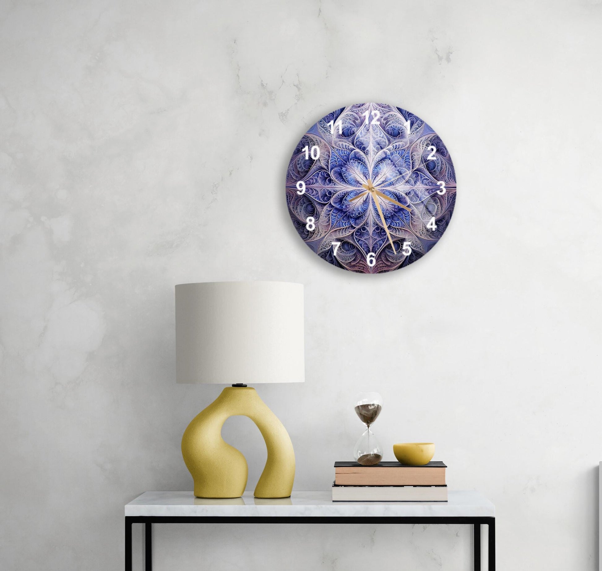 a table with a lamp and a clock on it