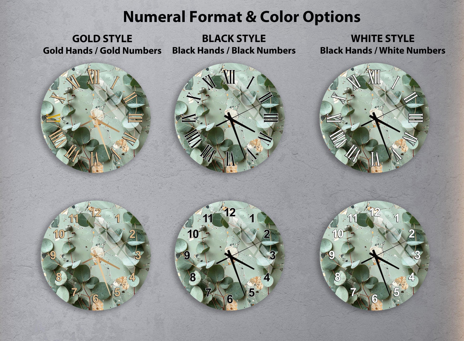 a collection of six clock faces with different styles and color options, including gold hands, black hands, black numbers, and white numbers.