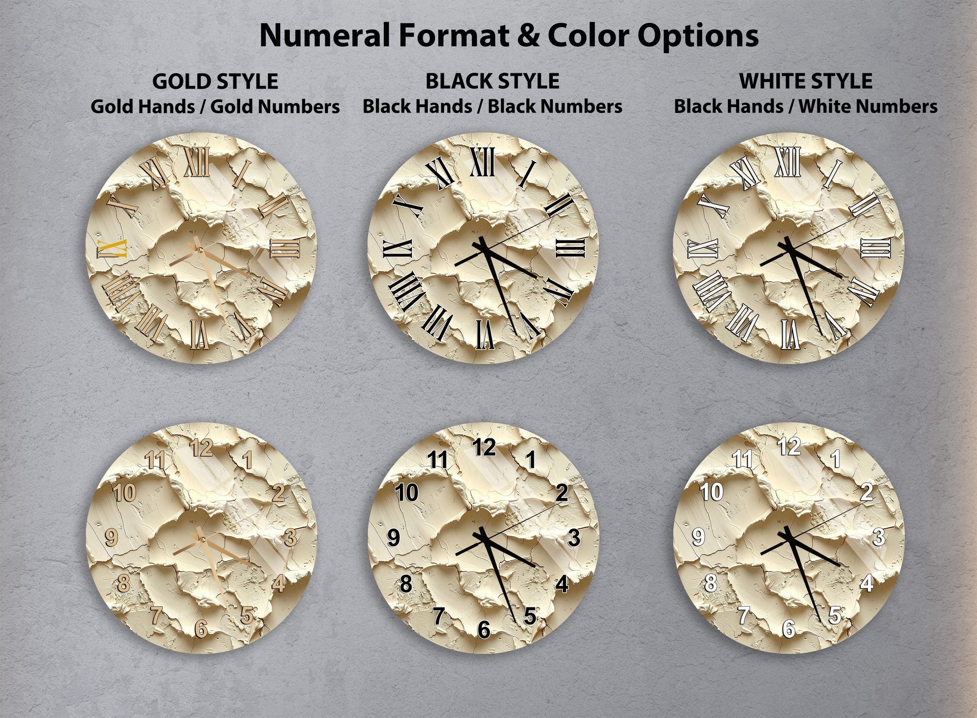 a collection of six clock faces with different styles and color options, including gold, black, white, and black and white.