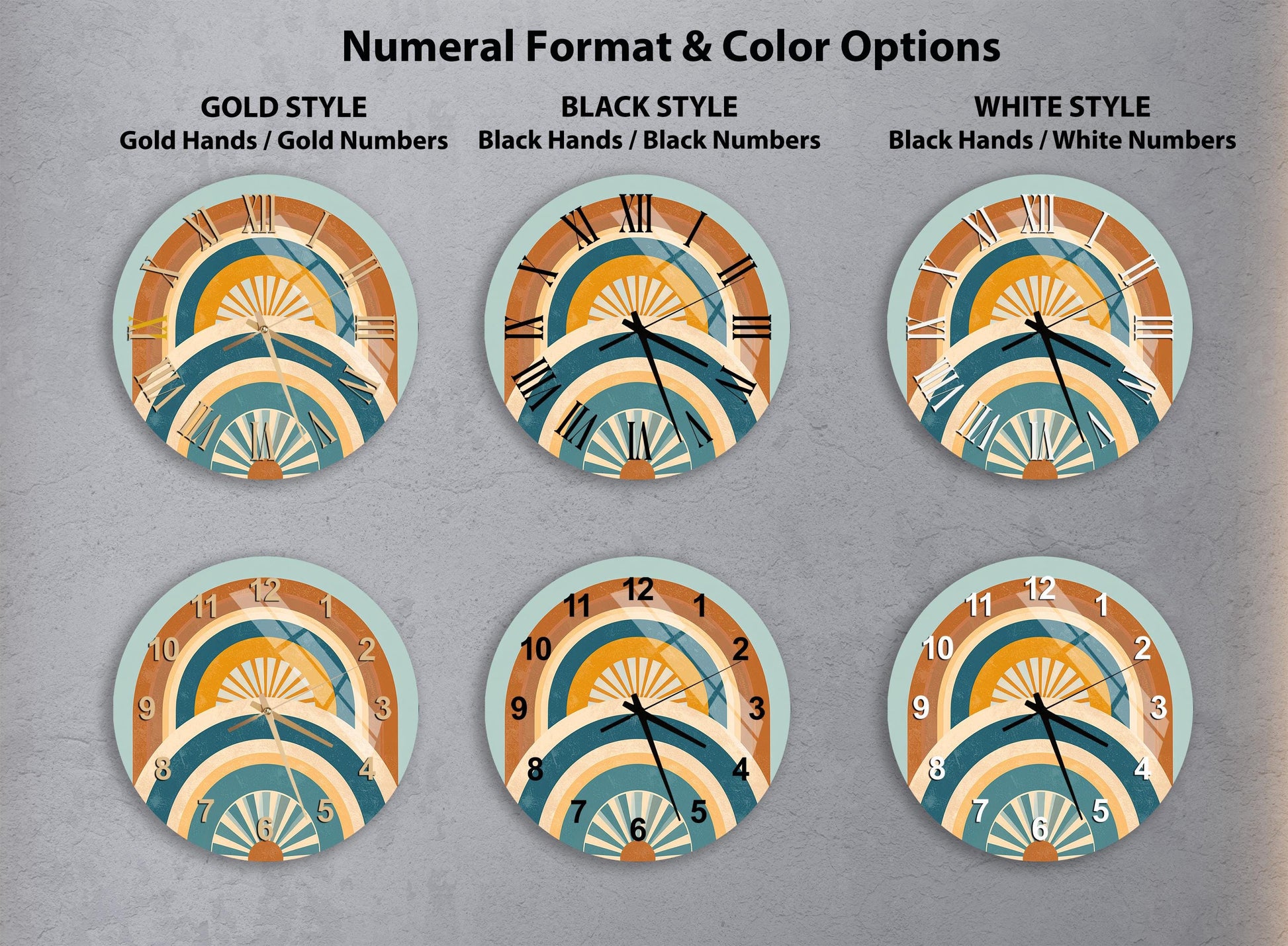 six different clock designs, each with a unique color scheme and style. The clocks are arranged in a grid format, with three rows and two columns. The clocks feature various color combinations, such as gold, black, and white, as well as different styles like gold hands, black hands, and white numbers. The image does not contain any text, and the descriptions provided are concise and focused on the visual elements of the clocks.