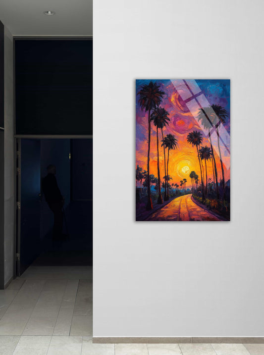 Tempered Glass Wall Art - Tropical Sunset Art With Vibrant Palm Tree Decor