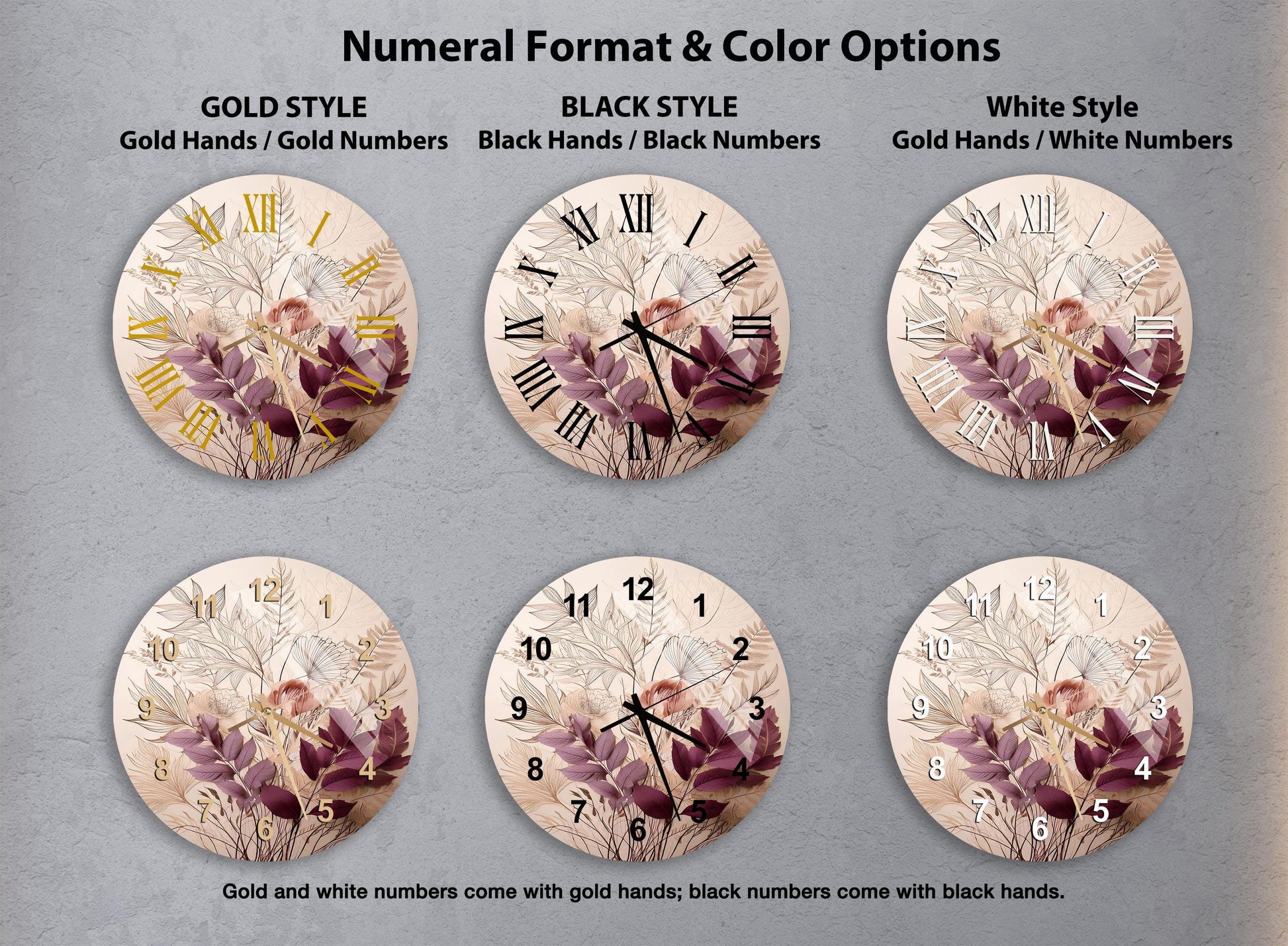 a set of four clocks with flowers painted on them