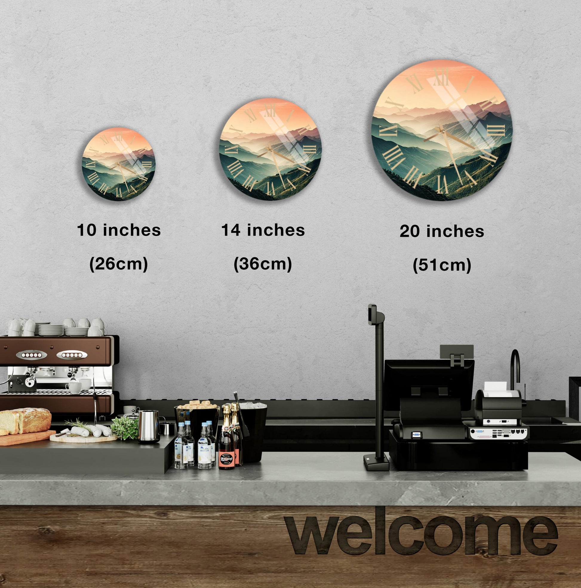 a coffee shop with three clocks on the wall