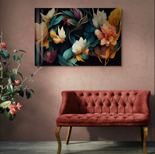 Colorful Flowers  Wall Art, Floral Nature Style Glass , Large Modern  for Living Room, Bedroom, Contemporary Home or Wedding Gift