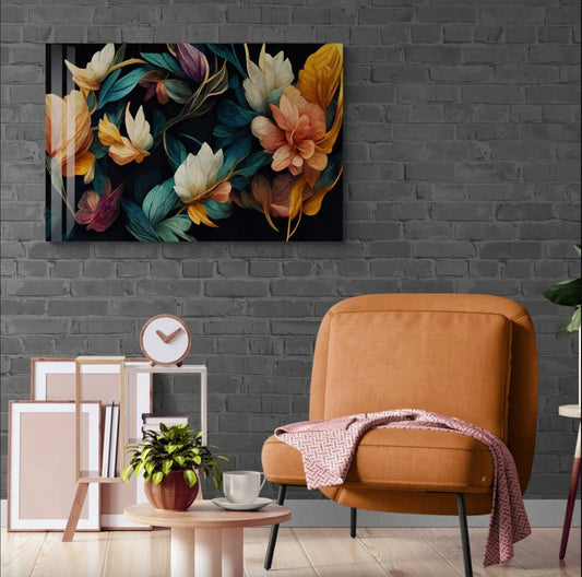 Colorful Flowers  Wall Art, Floral Nature Style Glass , Large Modern  for Living Room, Bedroom, Contemporary Home or Wedding Gift