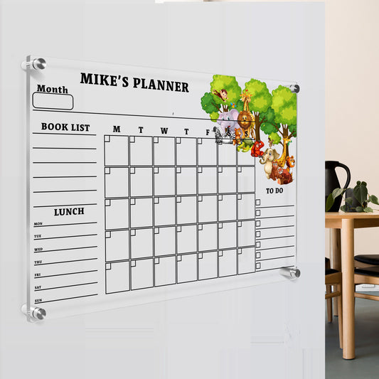 Acrylic Wall Calendar, Personalized Monthly Wall Mounted, Family Planner Home Gift for Children, School Organizer Board, Animal Theme
