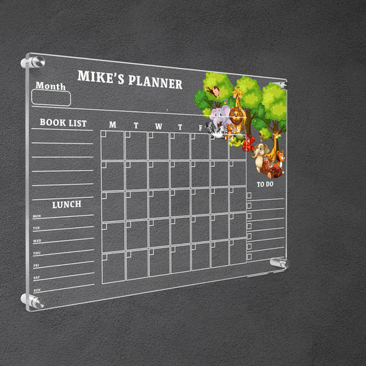 Acrylic Wall Calendar, Personalized Monthly Wall Mounted, Family Planner Home Gift for Children, School Organizer Board, Animal Theme